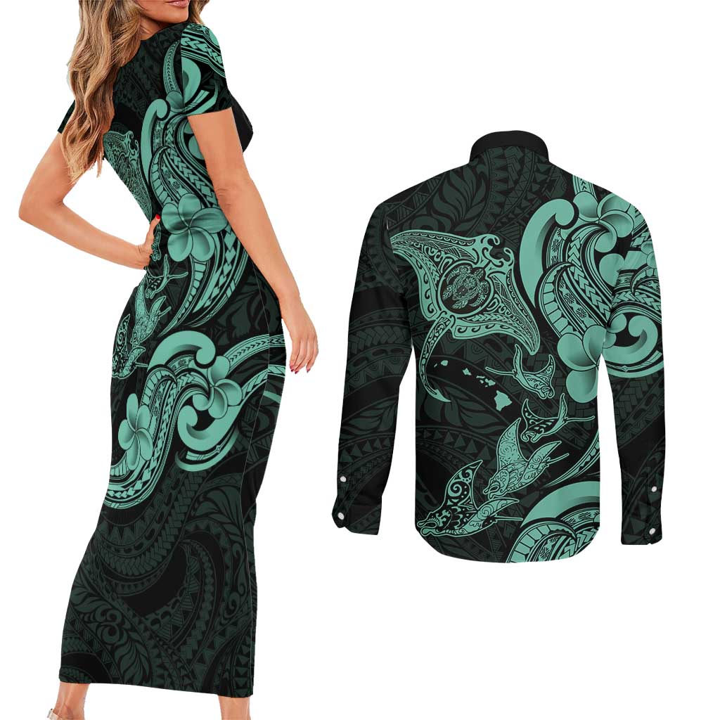 Hawaiian Manta Rays Couples Matching Short Sleeve Bodycon Dress and Long Sleeve Button Shirt Tribal Hibiscus Polynesian Tattoos Turquoise Color - Polynesian Pride