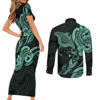 Hawaiian Manta Rays Couples Matching Short Sleeve Bodycon Dress and Long Sleeve Button Shirt Tribal Hibiscus Polynesian Tattoos Turquoise Color - Polynesian Pride