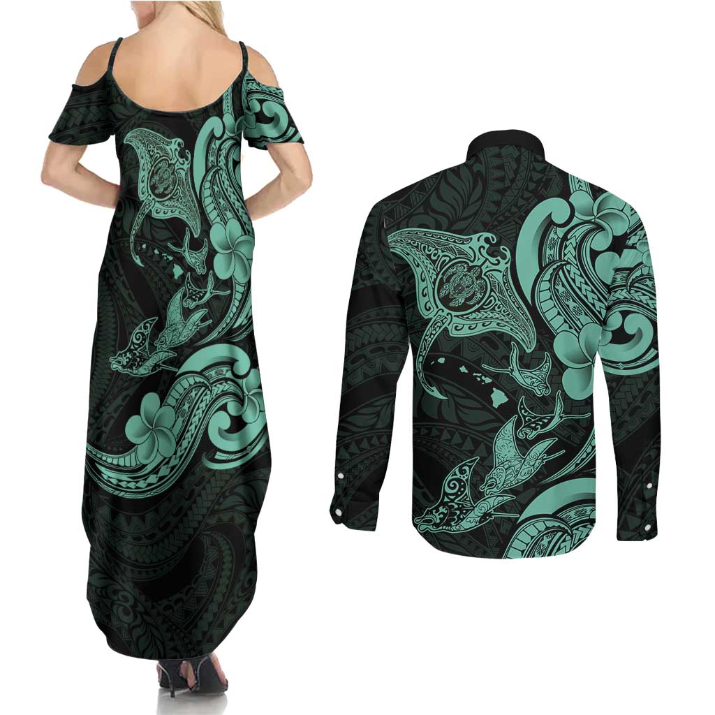 Hawaiian Manta Rays Couples Matching Summer Maxi Dress and Long Sleeve Button Shirt Tribal Hibiscus Polynesian Tattoos Turquoise Color - Polynesian Pride