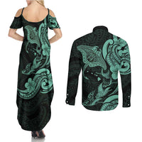 Hawaiian Manta Rays Couples Matching Summer Maxi Dress and Long Sleeve Button Shirt Tribal Hibiscus Polynesian Tattoos Turquoise Color - Polynesian Pride