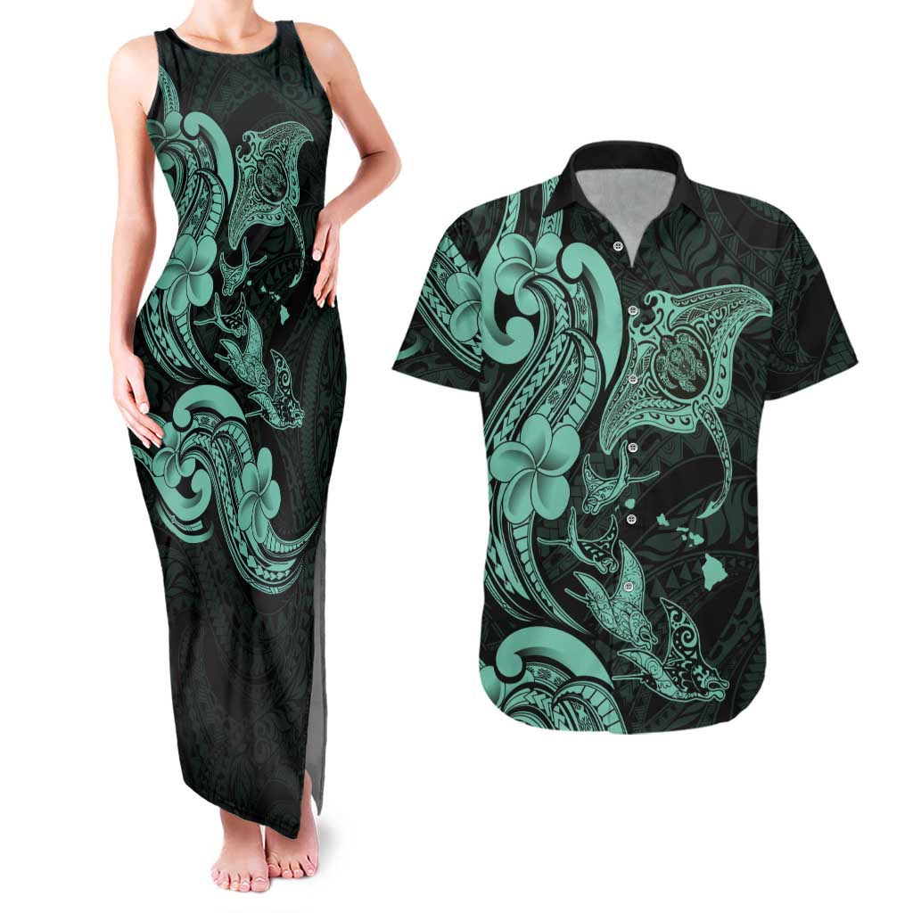 Hawaiian Manta Rays Couples Matching Tank Maxi Dress and Hawaiian Shirt Tribal Hibiscus Polynesian Tattoos Turquoise Color - Polynesian Pride