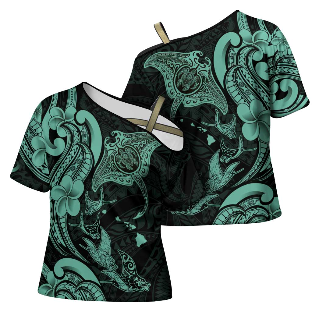 Hawaiian Manta Rays Cross Shoulder Shirt Tribal Hibiscus Polynesian Tattoos Turquoise Color - Polynesian Pride