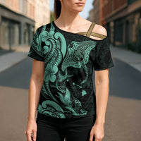 Hawaiian Manta Rays Cross Shoulder Shirt Tribal Hibiscus Polynesian Tattoos Turquoise Color - Polynesian Pride