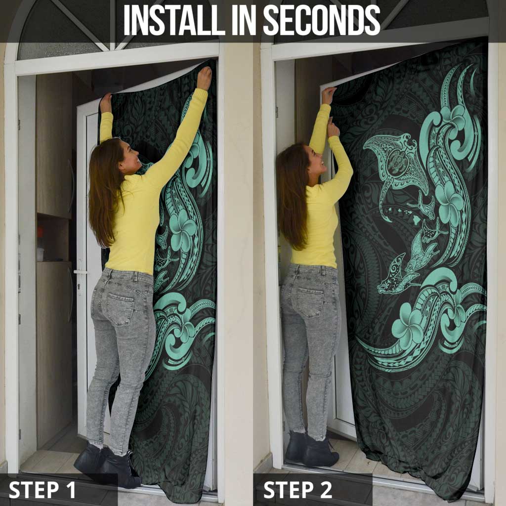 Hawaiian Manta Rays Door Cover Tribal Hibiscus Polynesian Tattoos Turquoise Color - Polynesian Pride