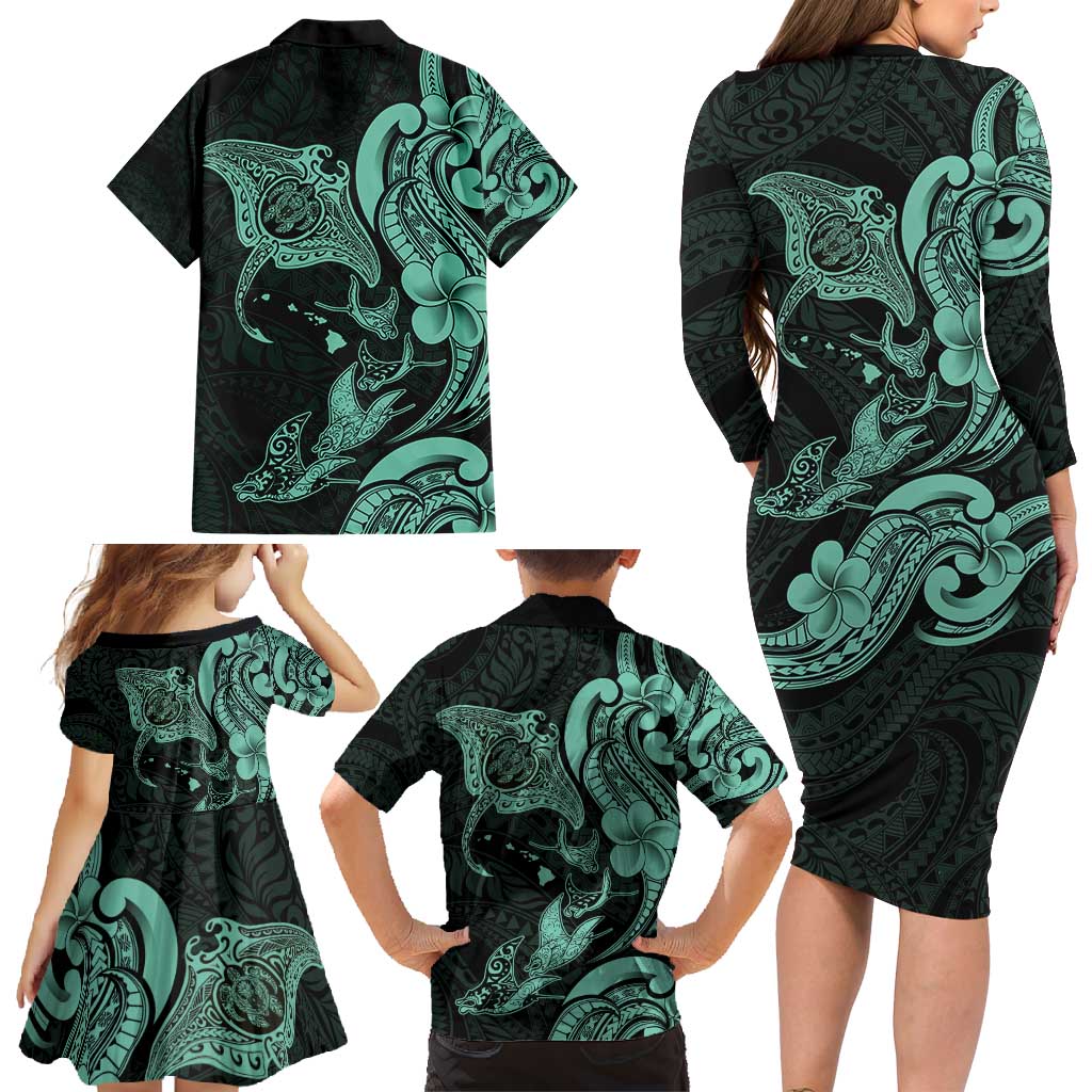 Hawaiian Manta Rays Family Matching Long Sleeve Bodycon Dress and Hawaiian Shirt Tribal Hibiscus Polynesian Tattoos Turquoise Color - Polynesian Pride