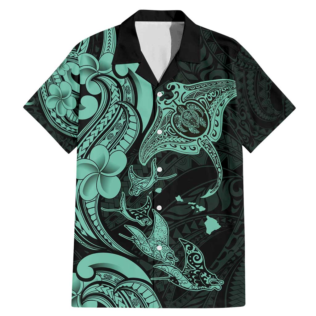 Hawaiian Manta Rays Family Matching Mermaid Dress and Hawaiian Shirt Tribal Hibiscus Polynesian Tattoos Turquoise Color - Polynesian Pride