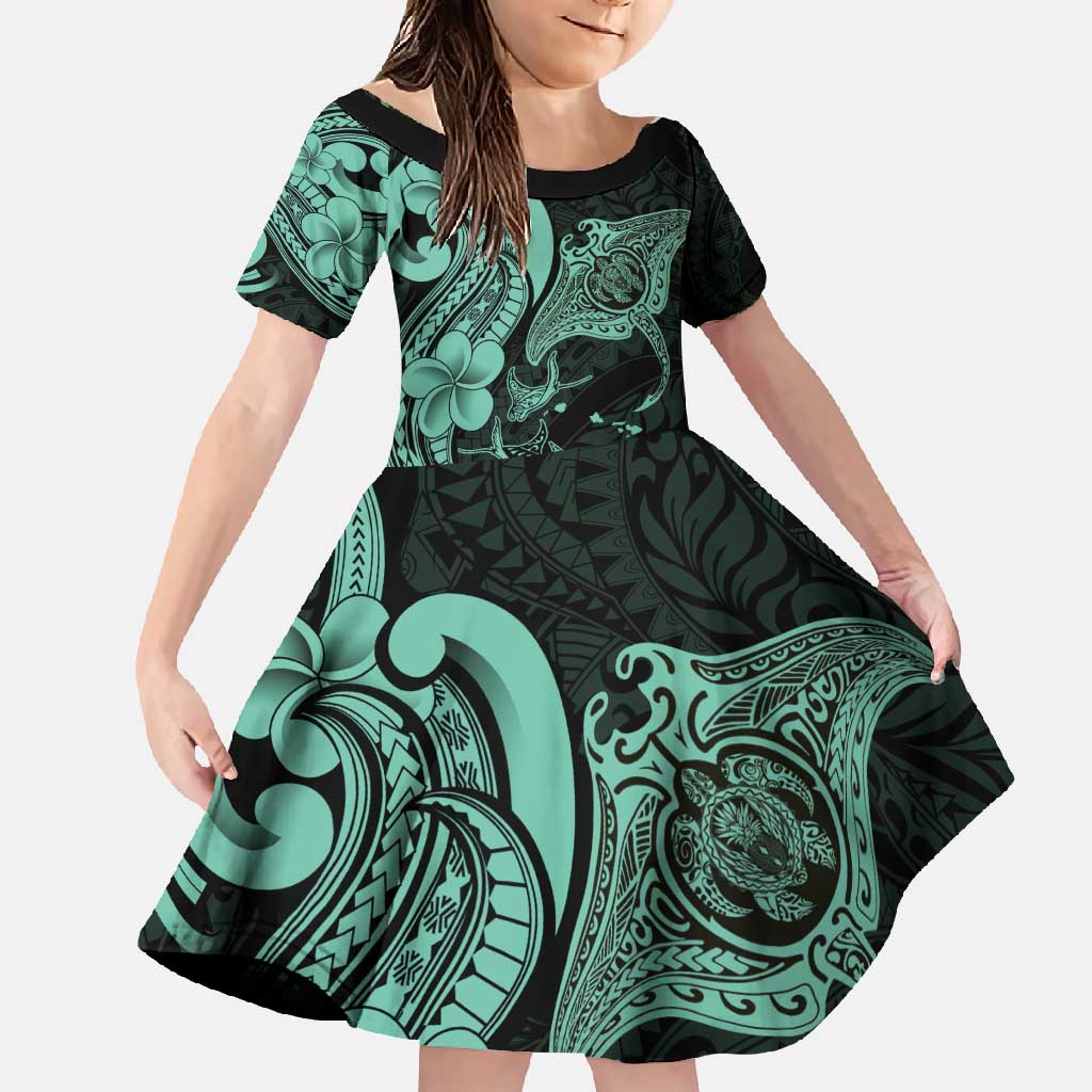 Hawaiian Manta Rays Family Matching Off Shoulder Maxi Dress and Hawaiian Shirt Tribal Hibiscus Polynesian Tattoos Turquoise Color - Polynesian Pride