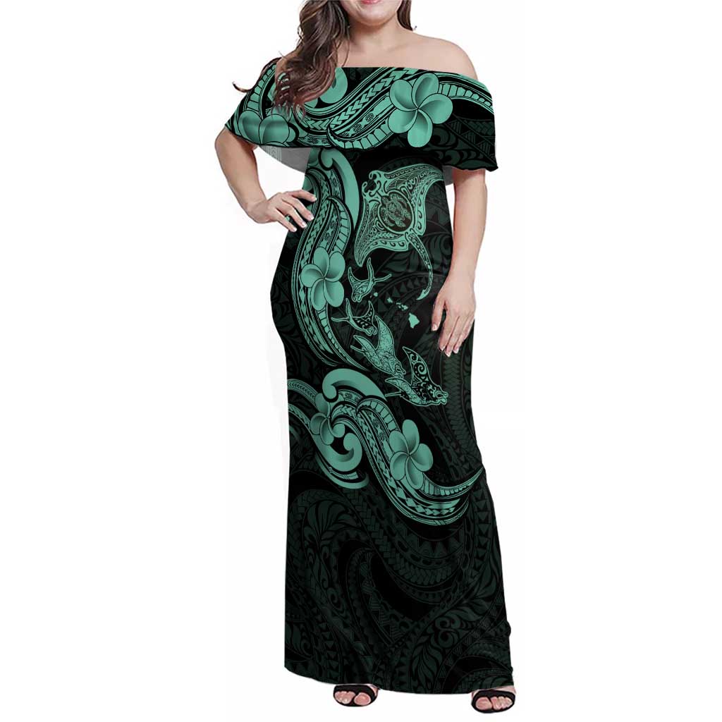 Hawaiian Manta Rays Family Matching Off Shoulder Maxi Dress and Hawaiian Shirt Tribal Hibiscus Polynesian Tattoos Turquoise Color - Polynesian Pride