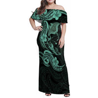 Hawaiian Manta Rays Family Matching Off Shoulder Maxi Dress and Hawaiian Shirt Tribal Hibiscus Polynesian Tattoos Turquoise Color - Polynesian Pride