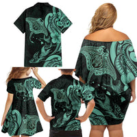 Hawaiian Manta Rays Family Matching Off Shoulder Short Dress and Hawaiian Shirt Tribal Hibiscus Polynesian Tattoos Turquoise Color - Polynesian Pride