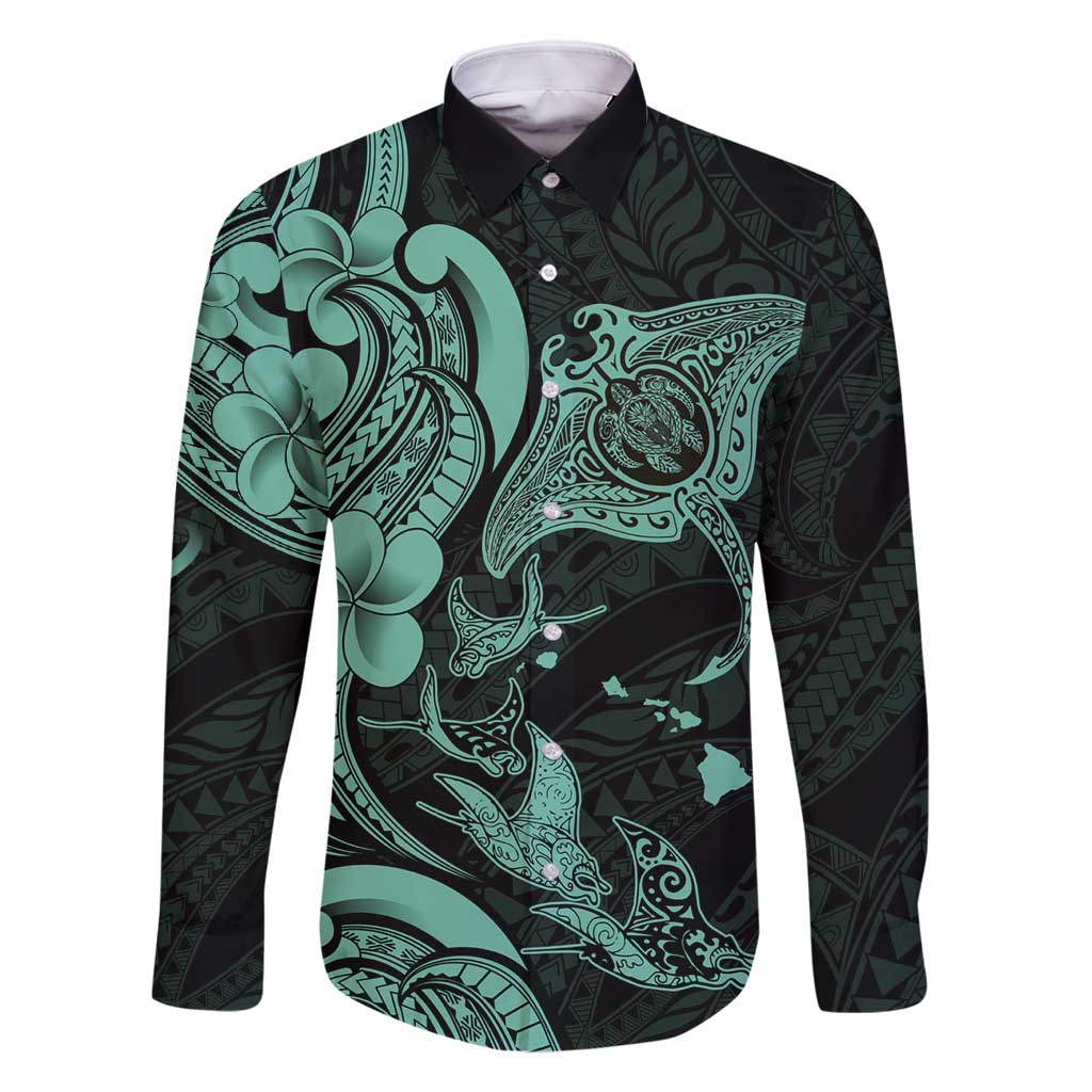 Hawaiian Manta Rays Family Matching Off Shoulder Short Dress and Hawaiian Shirt Tribal Hibiscus Polynesian Tattoos Turquoise Color - Polynesian Pride