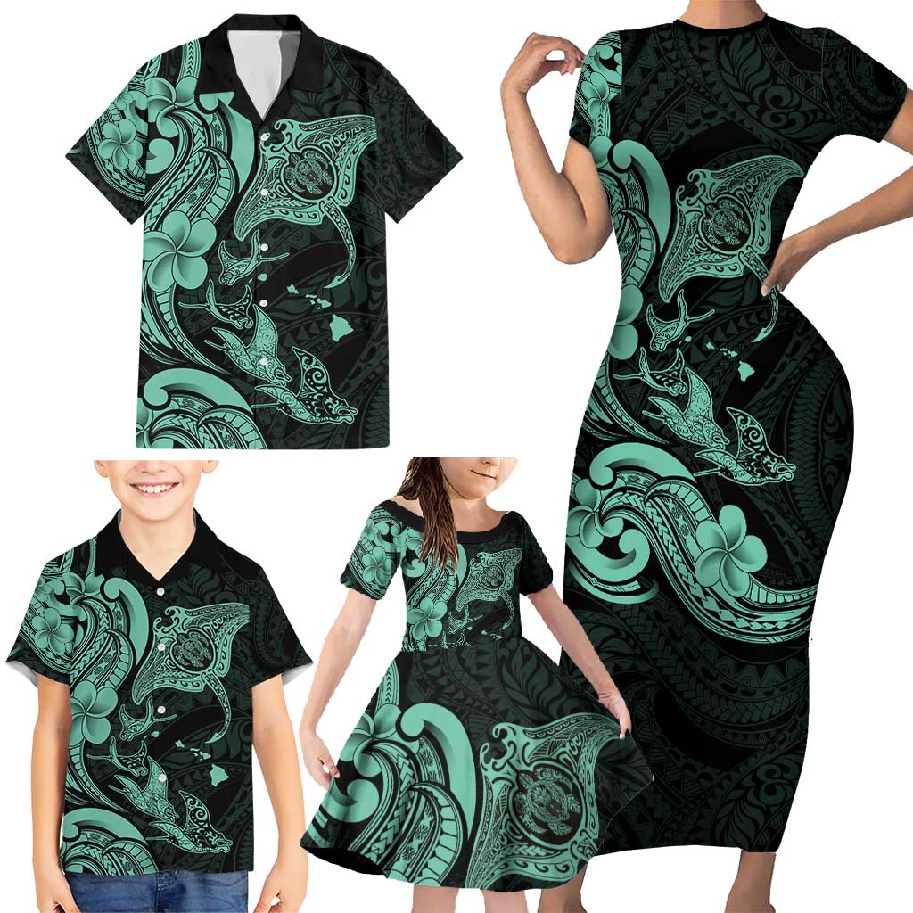 Hawaiian Manta Rays Family Matching Short Sleeve Bodycon Dress and Hawaiian Shirt Tribal Hibiscus Polynesian Tattoos Turquoise Color - Polynesian Pride