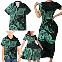 Hawaiian Manta Rays Family Matching Short Sleeve Bodycon Dress and Hawaiian Shirt Tribal Hibiscus Polynesian Tattoos Turquoise Color - Polynesian Pride