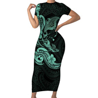 Hawaiian Manta Rays Family Matching Short Sleeve Bodycon Dress and Hawaiian Shirt Tribal Hibiscus Polynesian Tattoos Turquoise Color - Polynesian Pride