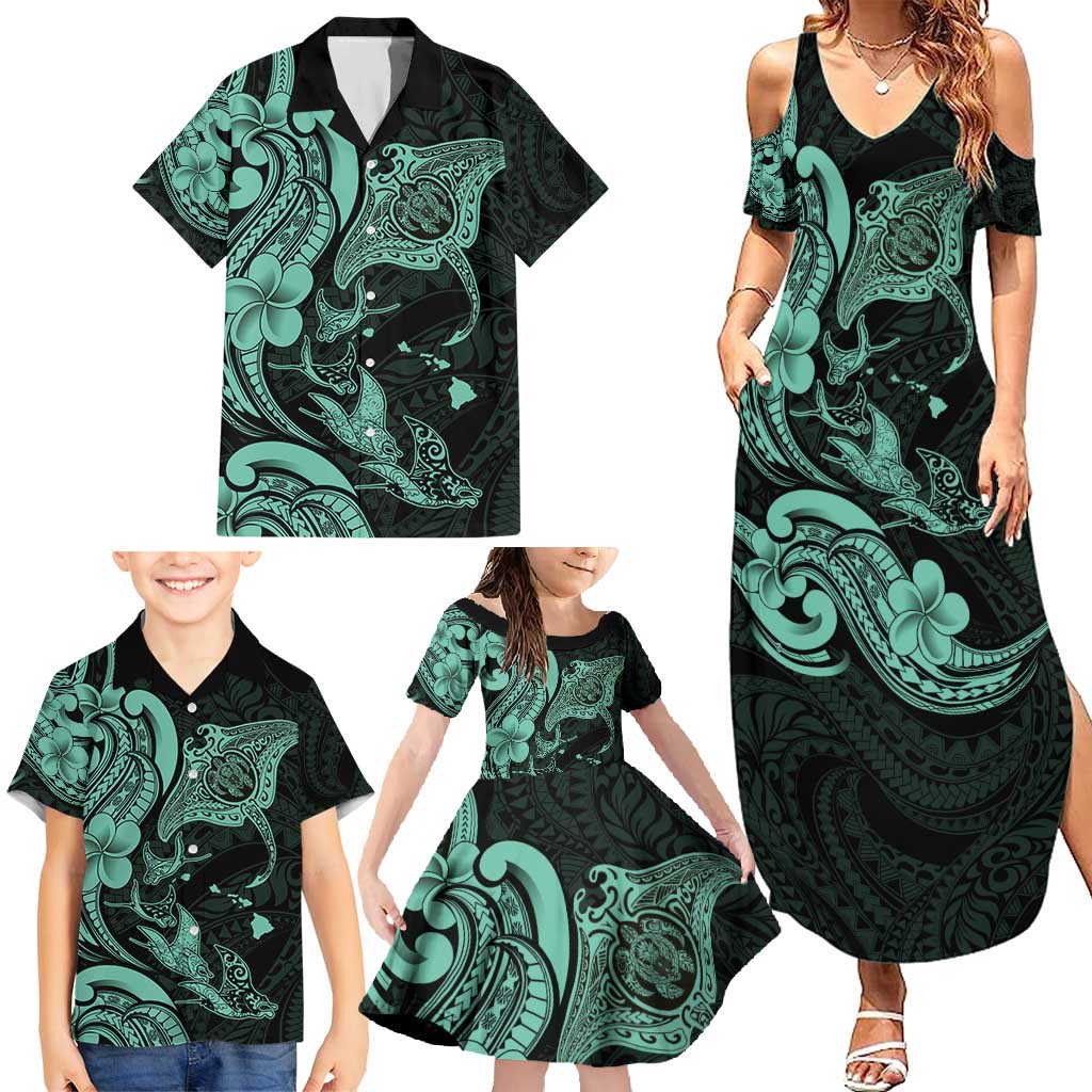 Hawaiian Manta Rays Family Matching Summer Maxi Dress and Hawaiian Shirt Tribal Hibiscus Polynesian Tattoos Turquoise Color - Polynesian Pride