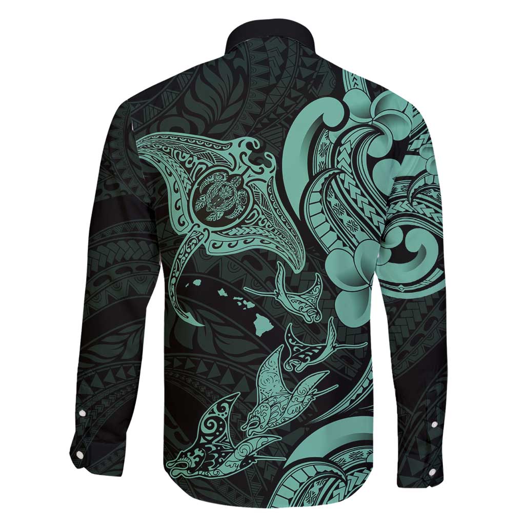 Hawaiian Manta Rays Family Matching Summer Maxi Dress and Hawaiian Shirt Tribal Hibiscus Polynesian Tattoos Turquoise Color - Polynesian Pride