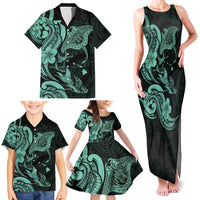 Hawaiian Manta Rays Family Matching Tank Maxi Dress and Hawaiian Shirt Tribal Hibiscus Polynesian Tattoos Turquoise Color - Polynesian Pride