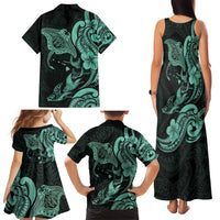 Hawaiian Manta Rays Family Matching Tank Maxi Dress and Hawaiian Shirt Tribal Hibiscus Polynesian Tattoos Turquoise Color - Polynesian Pride