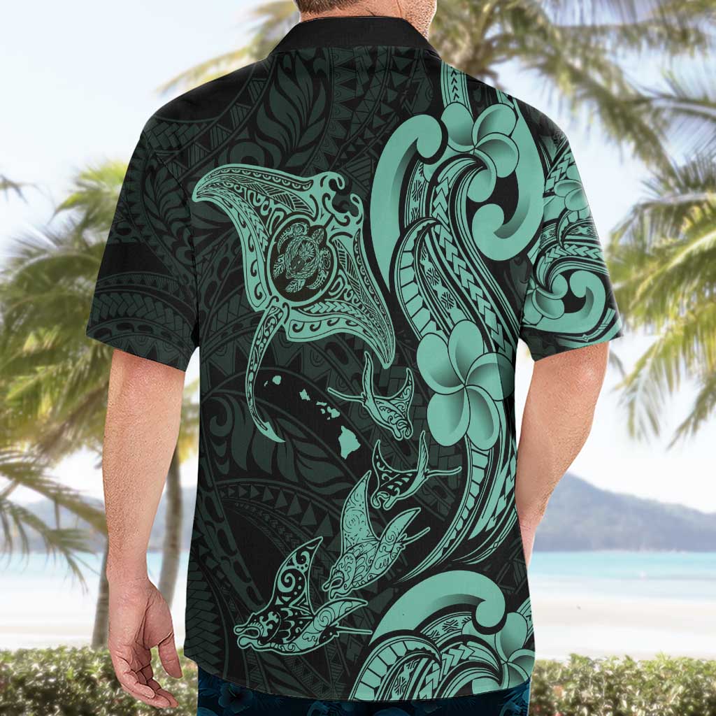 Hawaiian Manta Rays Hawaiian Shirt Tribal Hibiscus Polynesian Tattoos Turquoise Color - Polynesian Pride