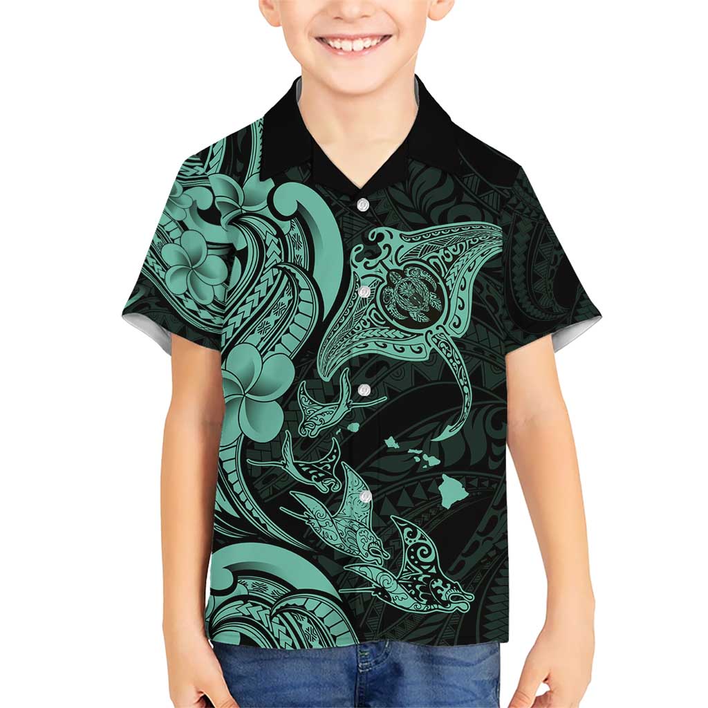 Hawaiian Manta Rays Hawaiian Shirt Tribal Hibiscus Polynesian Tattoos Turquoise Color - Polynesian Pride