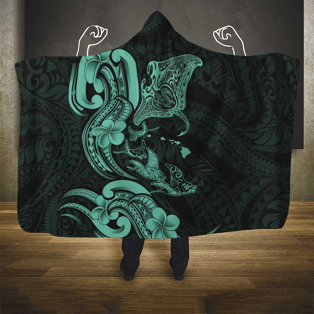 Hawaiian Manta Rays Hooded Blanket Tribal Hibiscus Polynesian Tattoos Turquoise Color - Polynesian Pride