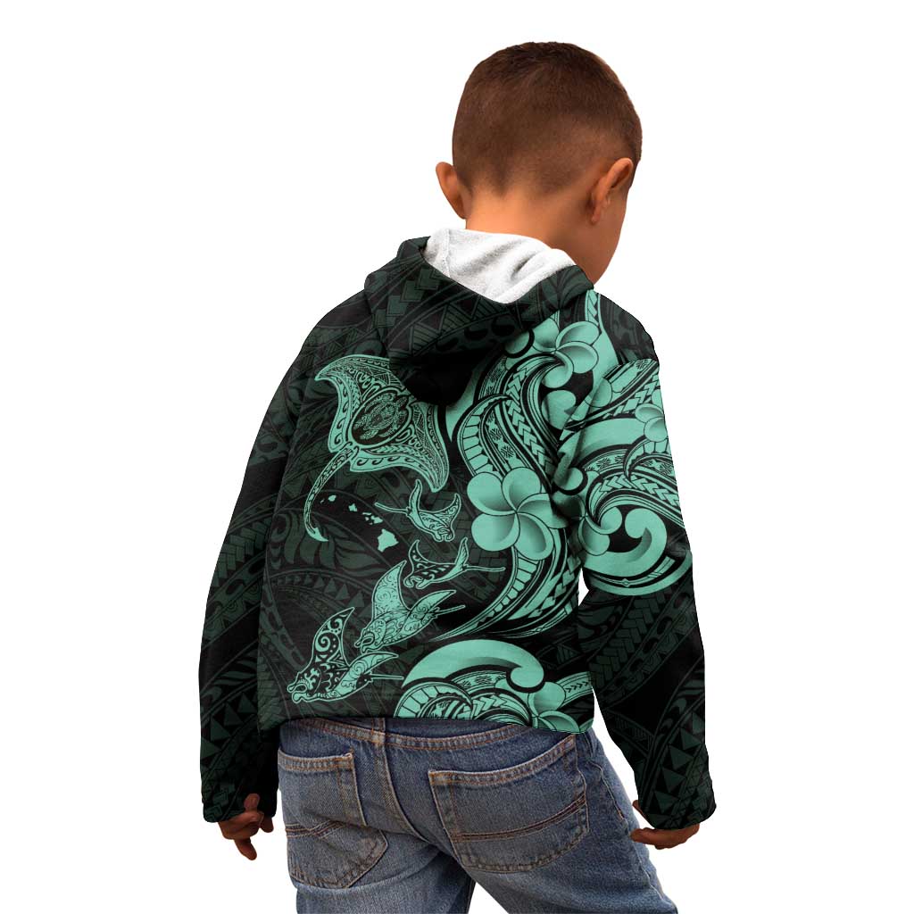 Hawaiian Manta Rays Kid Hoodie Tribal Hibiscus Polynesian Tattoos Turquoise Color - Polynesian Pride