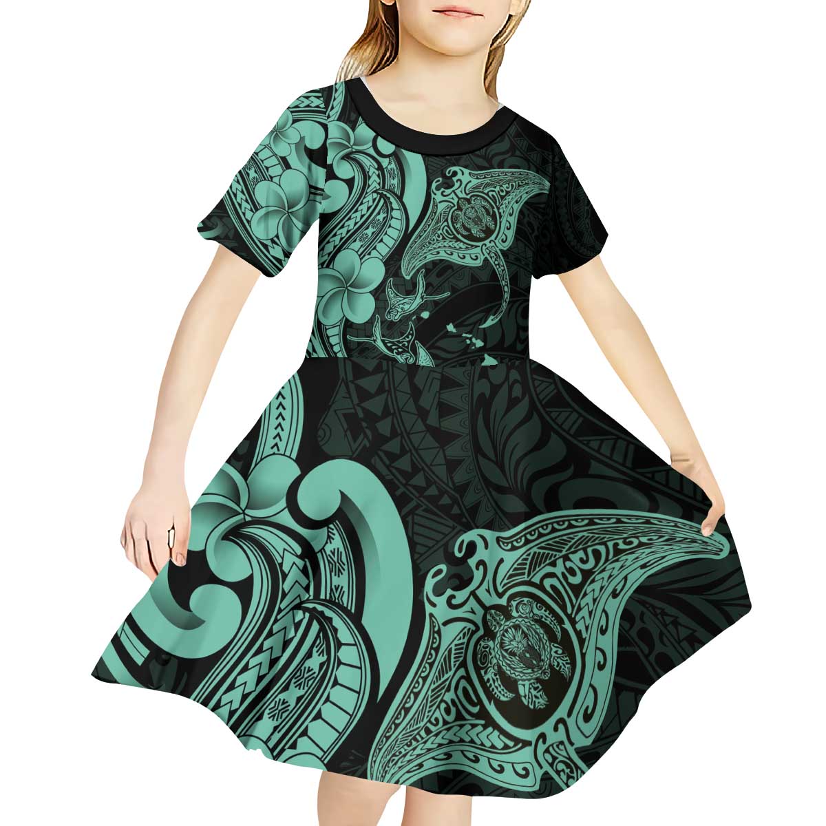 Hawaiian Manta Rays Kid Short Sleeve Dress Tribal Hibiscus Polynesian Tattoos Turquoise Color - Polynesian Pride