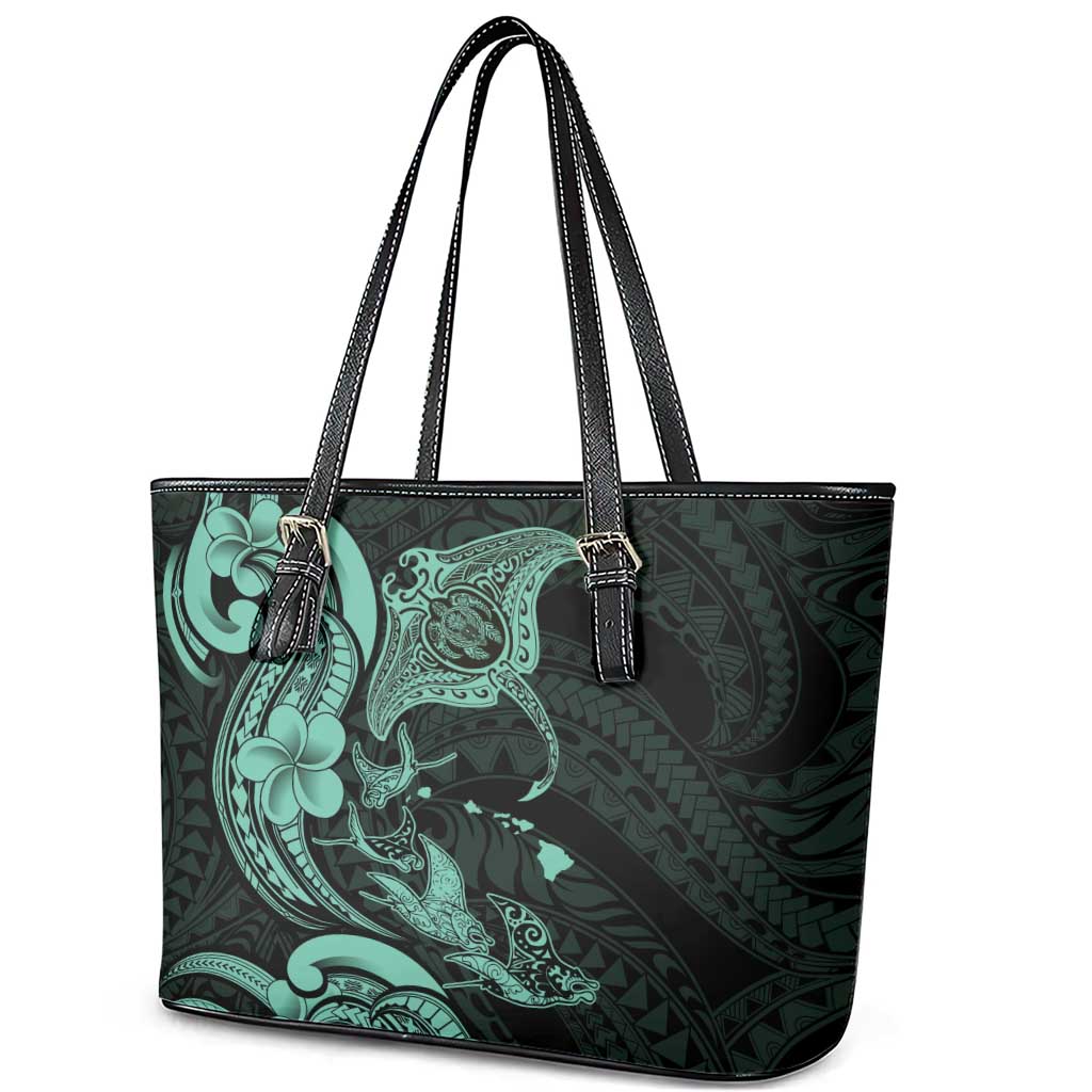 Hawaiian Manta Rays Leather Tote Bag Tribal Hibiscus Polynesian Tattoos Turquoise Color - Polynesian Pride