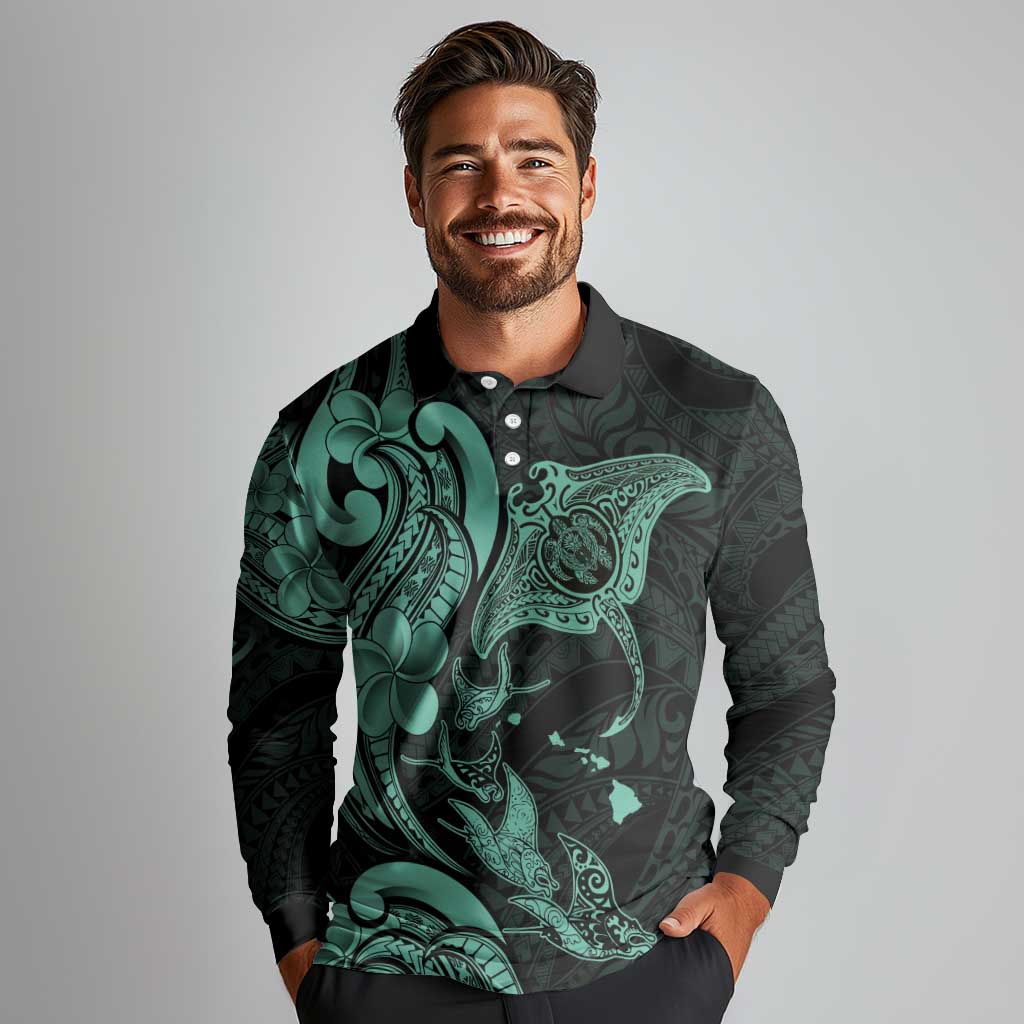 Hawaiian Manta Rays Long Sleeve Polo Shirt Tribal Hibiscus Polynesian Tattoos Turquoise Color - Polynesian Pride