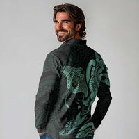 Hawaiian Manta Rays Long Sleeve Polo Shirt Tribal Hibiscus Polynesian Tattoos Turquoise Color - Polynesian Pride