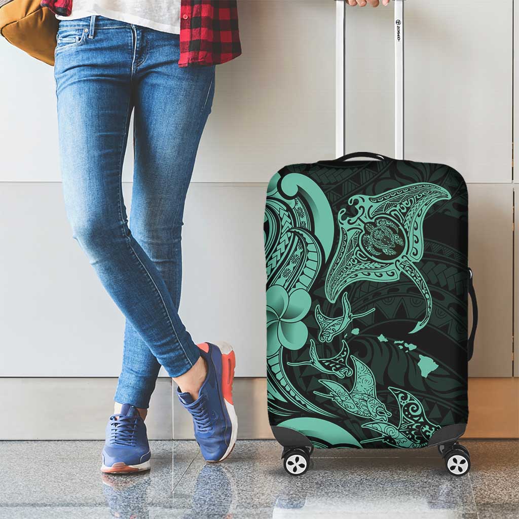 Hawaiian Manta Rays Luggage Cover Tribal Hibiscus Polynesian Tattoos Turquoise Color - Polynesian Pride