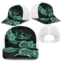 Hawaiian Manta Rays Mesh Trucker Cap Tribal Hibiscus Polynesian Tattoos Turquoise Color - Polynesian Pride