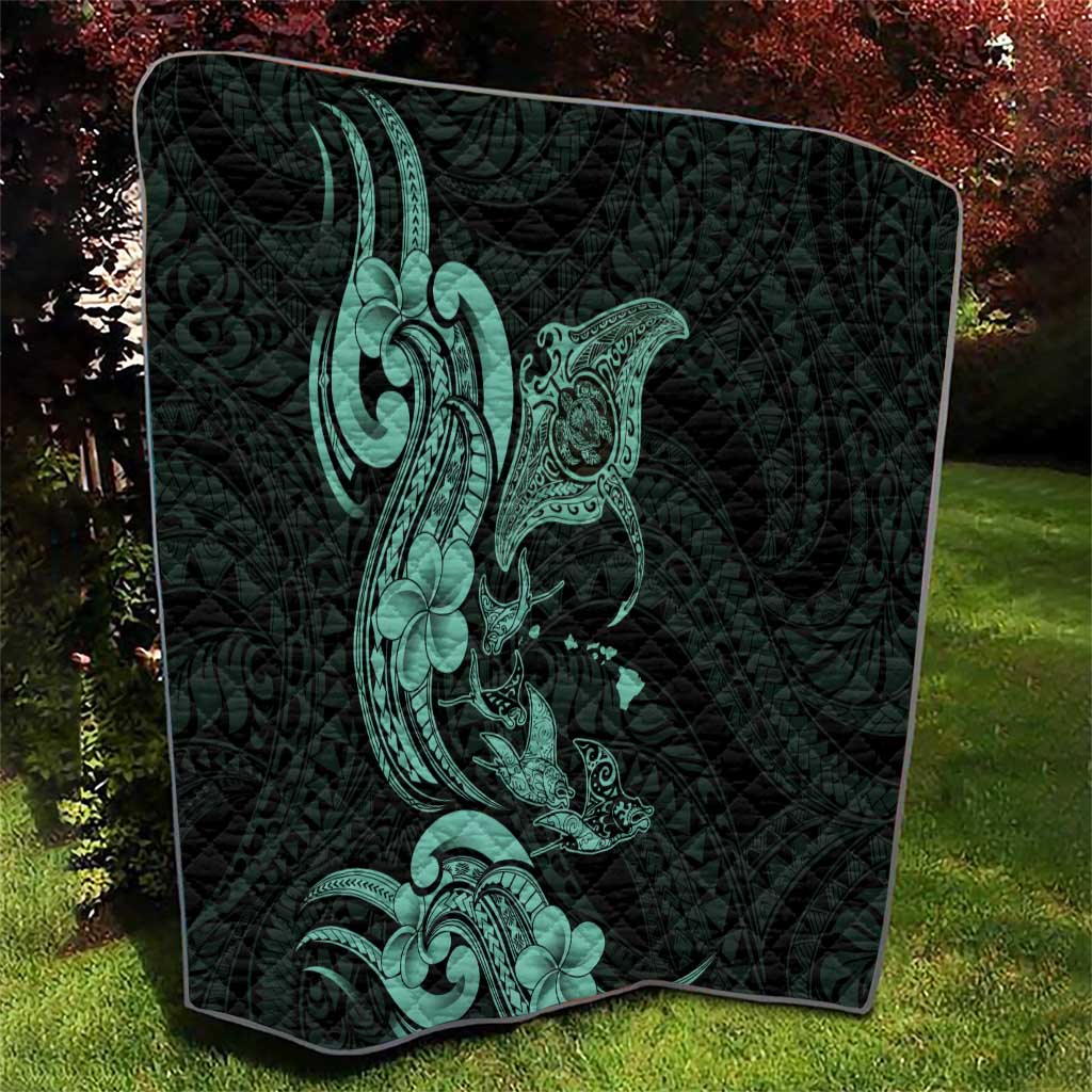 Hawaiian Manta Rays Quilt Tribal Hibiscus Polynesian Tattoos Turquoise Color - Polynesian Pride