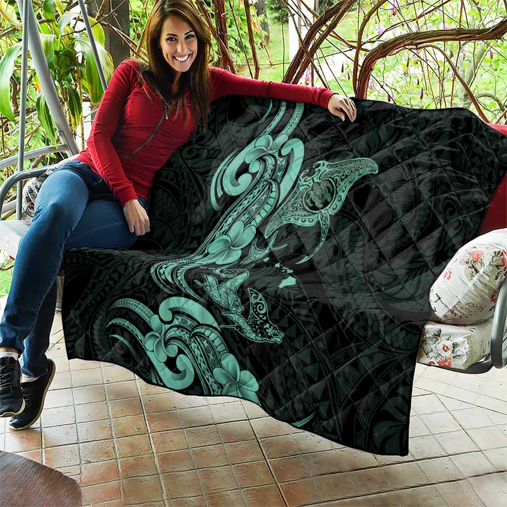 Hawaiian Manta Rays Quilt Tribal Hibiscus Polynesian Tattoos Turquoise Color - Polynesian Pride