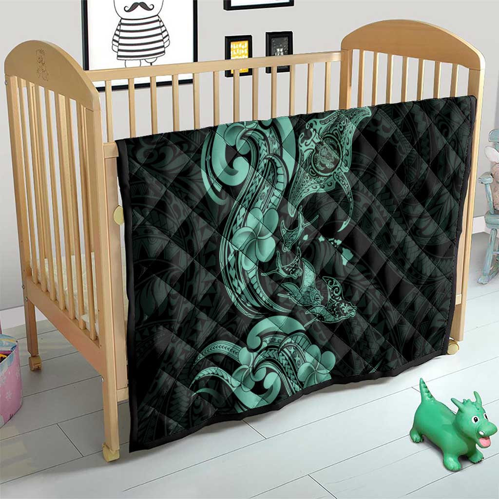 Hawaiian Manta Rays Quilt Tribal Hibiscus Polynesian Tattoos Turquoise Color - Polynesian Pride