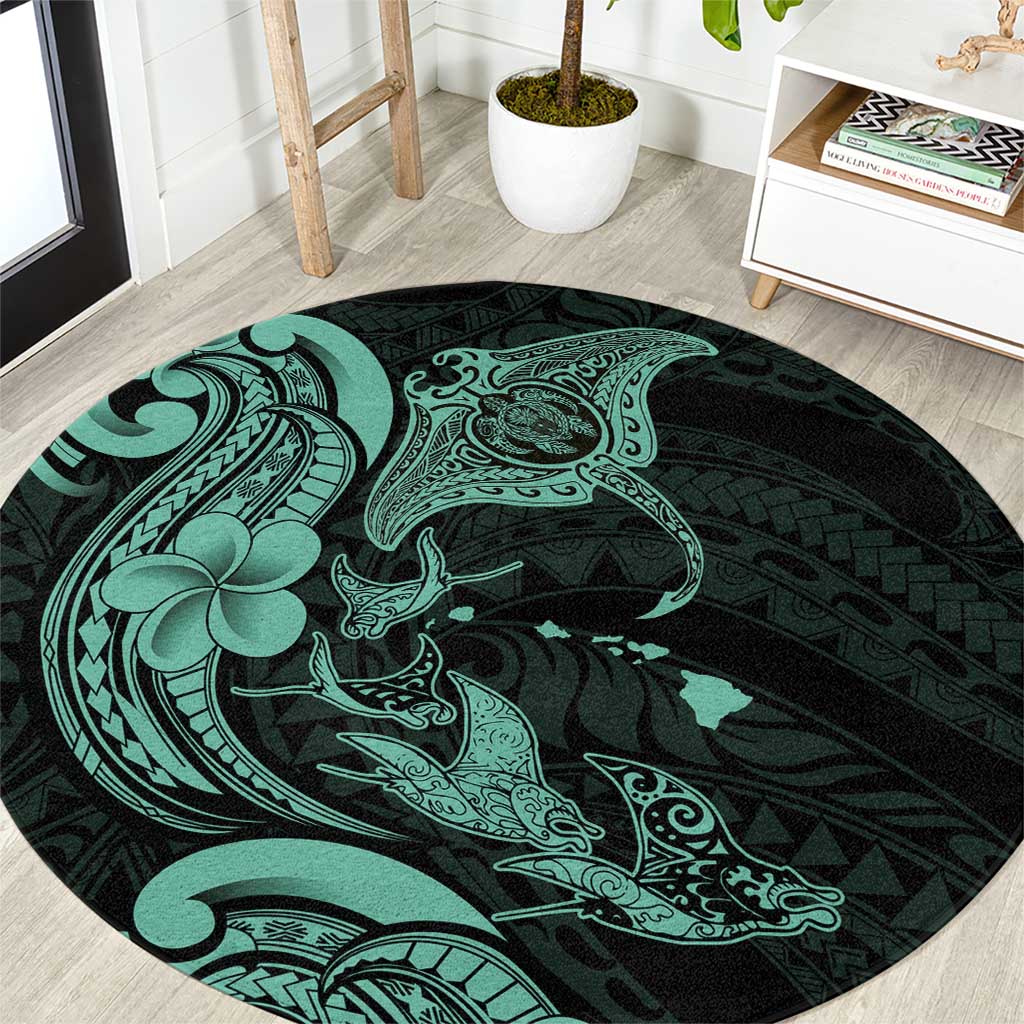 Hawaiian Manta Rays Round Carpet Tribal Hibiscus Polynesian Tattoos Turquoise Color - Polynesian Pride