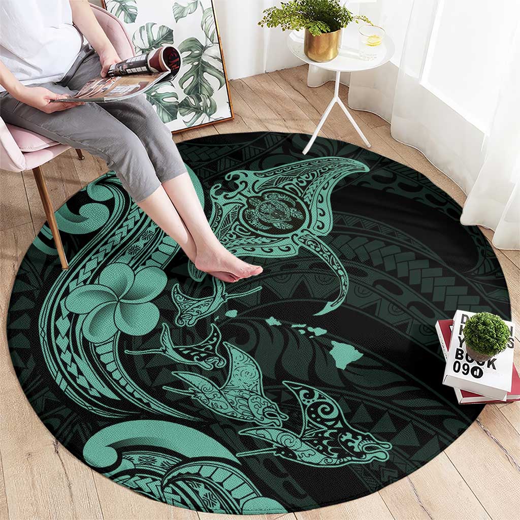 Hawaiian Manta Rays Round Carpet Tribal Hibiscus Polynesian Tattoos Turquoise Color - Polynesian Pride