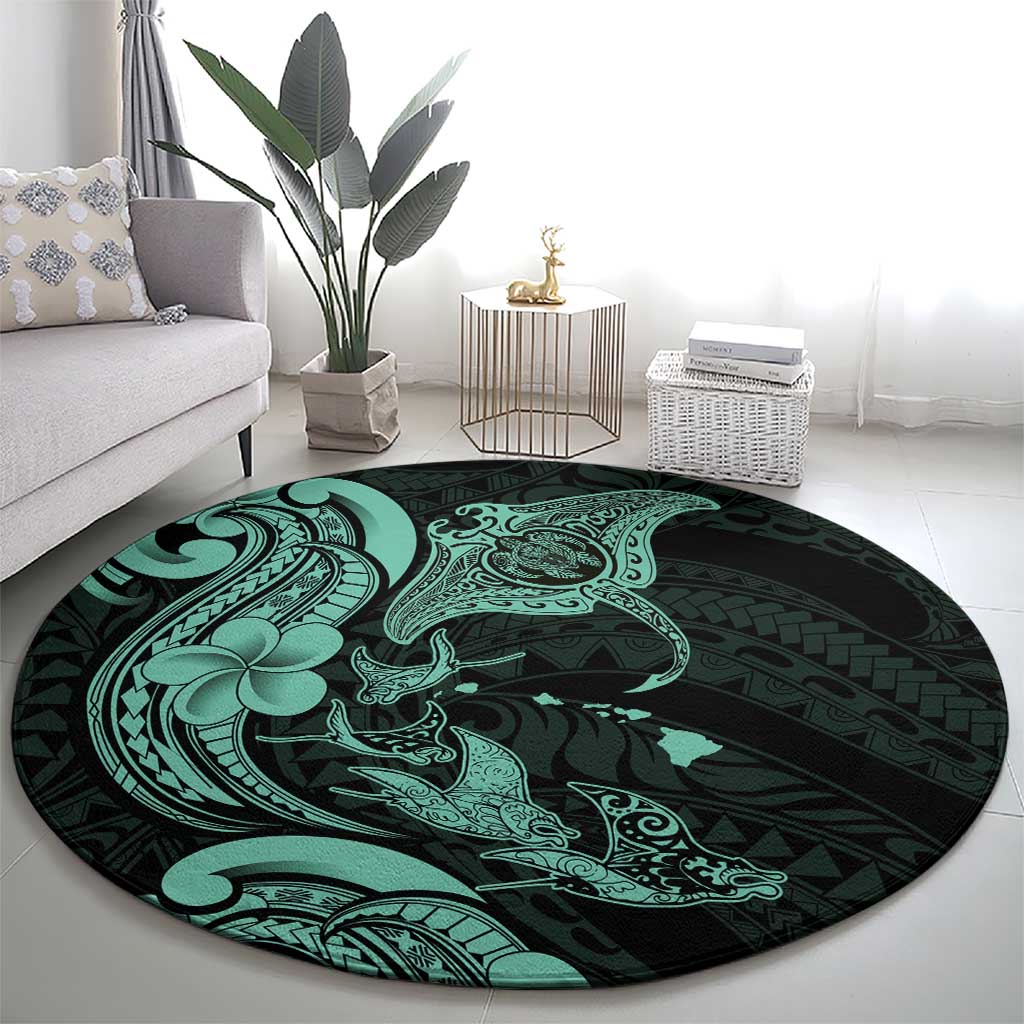 Hawaiian Manta Rays Round Carpet Tribal Hibiscus Polynesian Tattoos Turquoise Color - Polynesian Pride