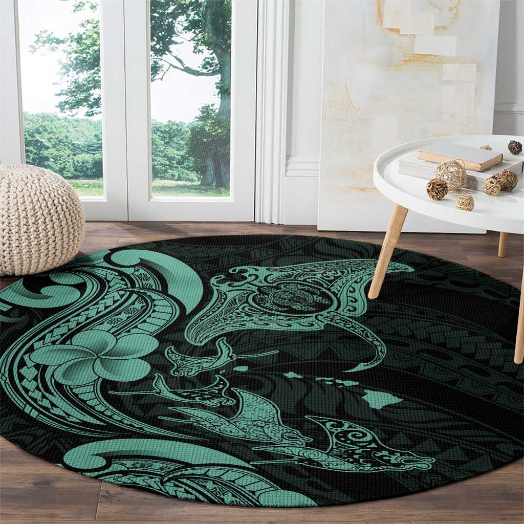 Hawaiian Manta Rays Round Carpet Tribal Hibiscus Polynesian Tattoos Turquoise Color - Polynesian Pride