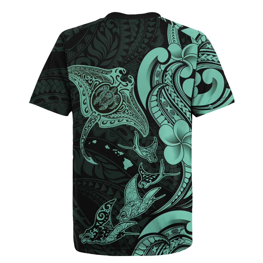 Hawaiian Manta Rays Rugby Jersey Tribal Hibiscus Polynesian Tattoos Turquoise Color - Polynesian Pride