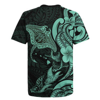 Hawaiian Manta Rays Rugby Jersey Tribal Hibiscus Polynesian Tattoos Turquoise Color - Polynesian Pride