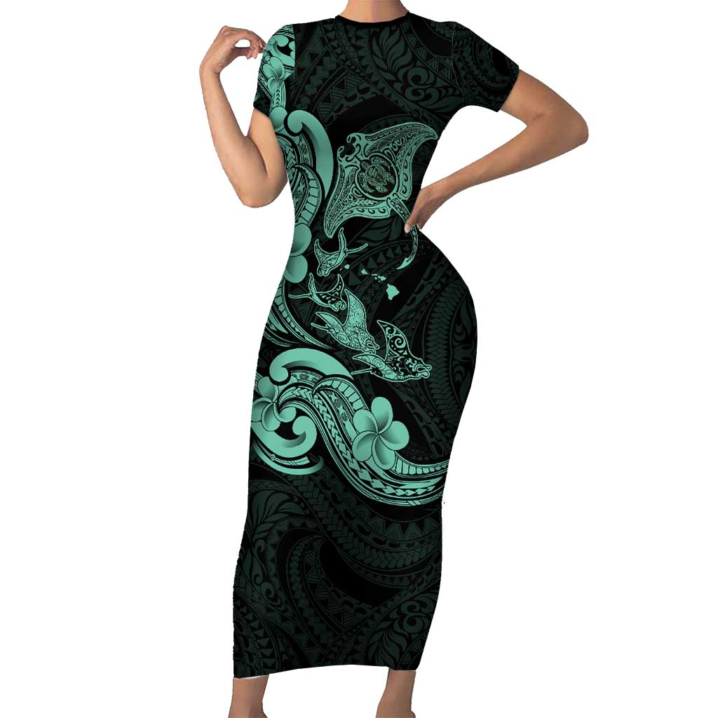 Hawaiian Manta Rays Short Sleeve Bodycon Dress Tribal Hibiscus Polynesian Tattoos Turquoise Color - Polynesian Pride