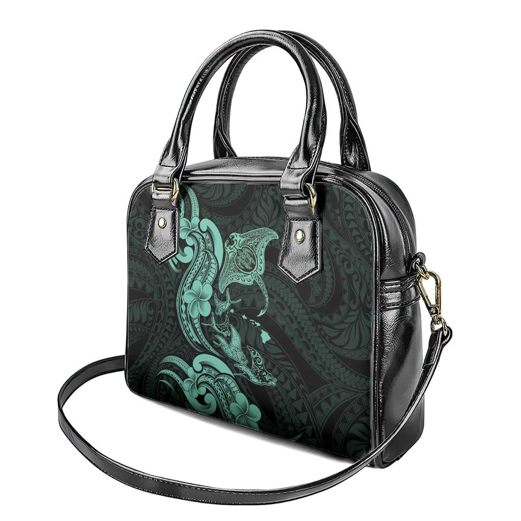 Hawaiian Manta Rays Shoulder Handbag Tribal Hibiscus Polynesian Tattoos Turquoise Color - Polynesian Pride