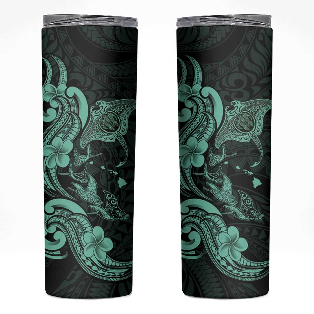 Hawaiian Manta Rays Skinny Tumbler Tribal Hibiscus Polynesian Tattoos Turquoise Color - Polynesian Pride