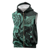 Hawaiian Manta Rays Sleeveless Zip Hoodie Tribal Hibiscus Polynesian Tattoos Turquoise Color - Polynesian Pride