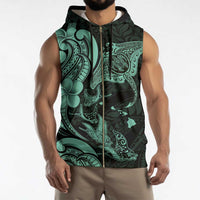 Hawaiian Manta Rays Sleeveless Zip Hoodie Tribal Hibiscus Polynesian Tattoos Turquoise Color - Polynesian Pride