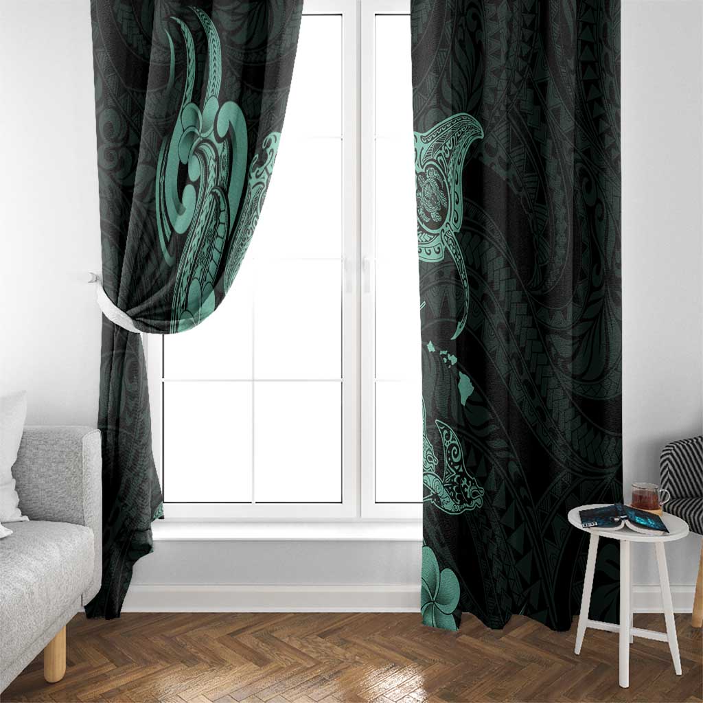Hawaiian Manta Rays Window Curtain Tribal Hibiscus Polynesian Tattoos Turquoise Color - Polynesian Pride