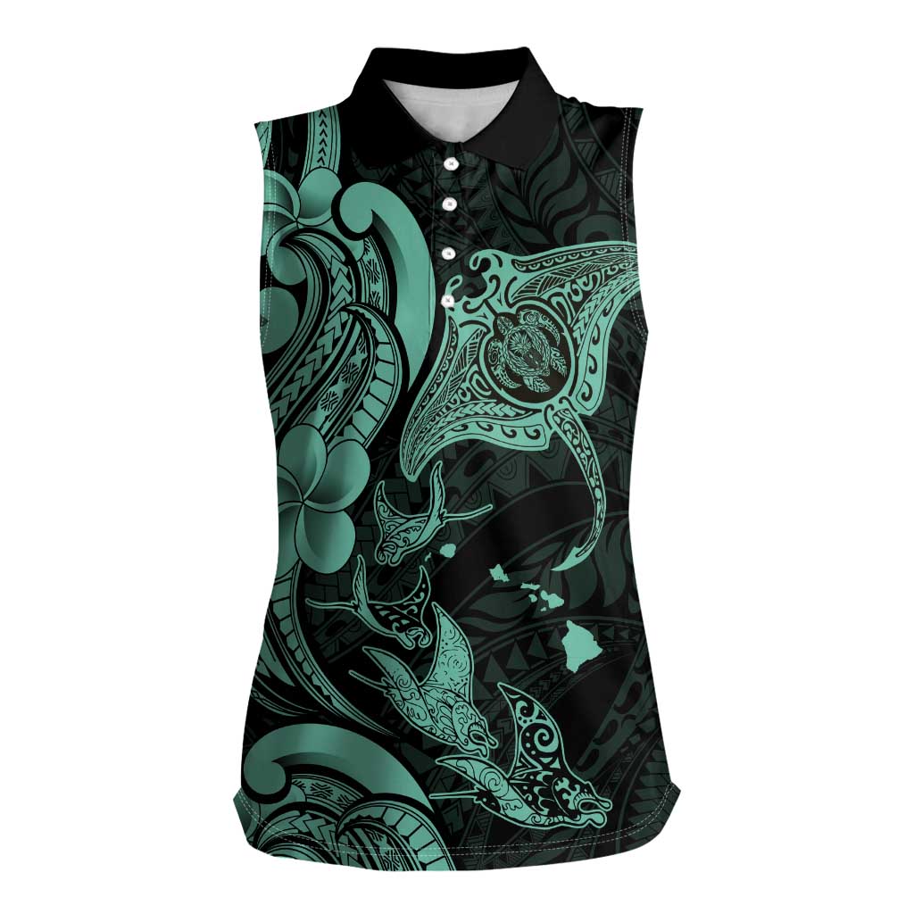 Hawaiian Manta Rays Women Sleeveless Polo Shirt Tribal Hibiscus Polynesian Tattoos Turquoise Color - Polynesian Pride