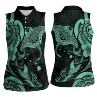 Hawaiian Manta Rays Women Sleeveless Polo Shirt Tribal Hibiscus Polynesian Tattoos Turquoise Color - Polynesian Pride