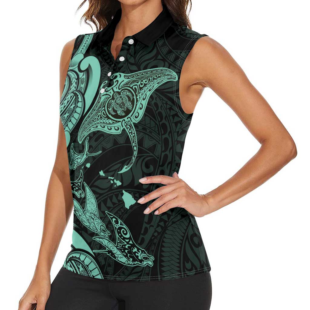 Hawaiian Manta Rays Women Sleeveless Polo Shirt Tribal Hibiscus Polynesian Tattoos Turquoise Color - Polynesian Pride